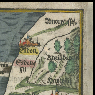 Ancienne carte d'Israël par Bunting, 1592 : Jérusalem, Gaza, le Jourdain, le mont Thabor, la mer Méditerranée