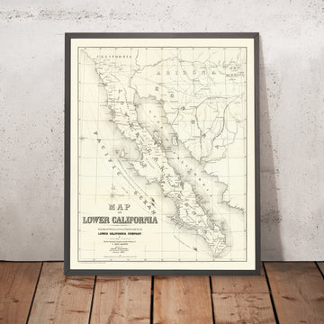 Mapa antiguo de la península de Baja California, México, por Browne, 1868: Ensenada, La Paz, San Felipe, San Quintín, Mar de Cortés 