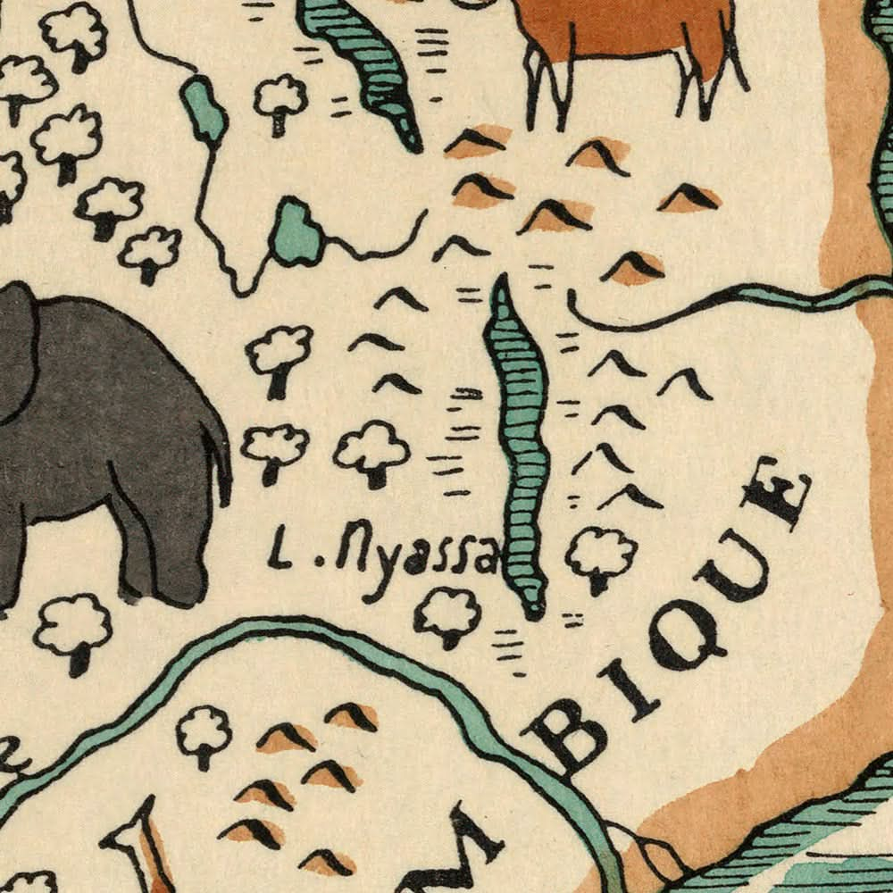 Mapa antiguo de Sudáfrica de Mazuyer, 1931: estilo pictórico, fauna autóctona, brújula decorativa