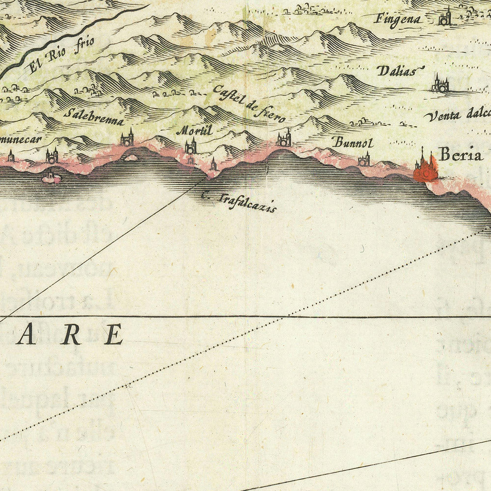 Mapa antiguo del sur de España por Blaeu, 1640: Granada, Murcia, Málaga, Batalla Naval 