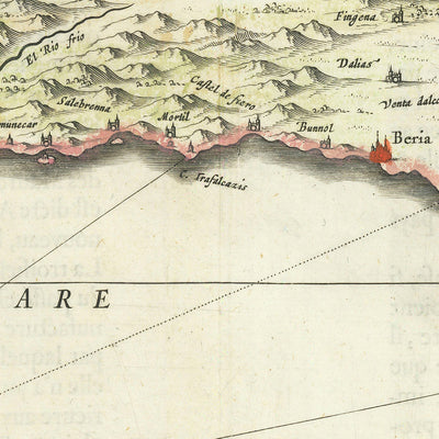 Mapa antiguo del sur de España por Blaeu, 1640: Granada, Murcia, Málaga, Batalla Naval 