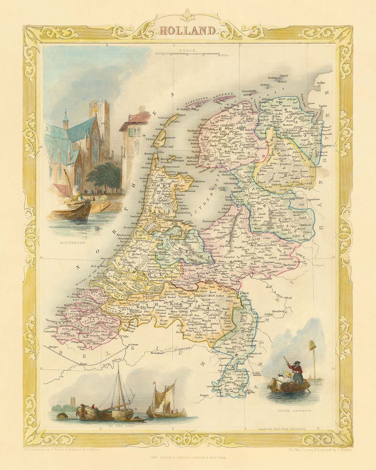 Old Map of the Netherlands by Tallis, 1851: Amsterdam, Rotterdam, Rhine, Zuider Zee, Vignettes