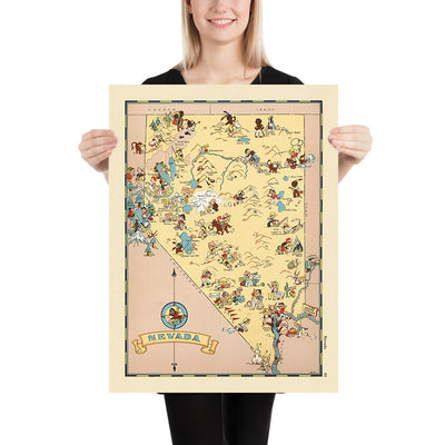 Pictorial Map of Nevada by Ruth Taylor White, 1935: Las Vegas, Reno, Carson City, Mining, Railroads