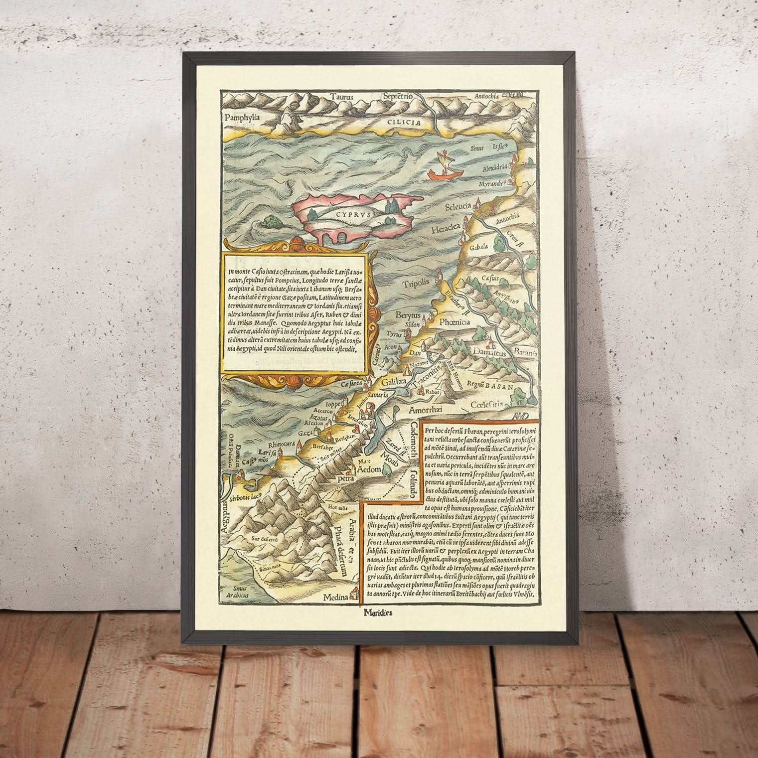 Old Map of Cyprus & Holy Land by Münster, 1554: Jerusalem, Mount Sinai ...