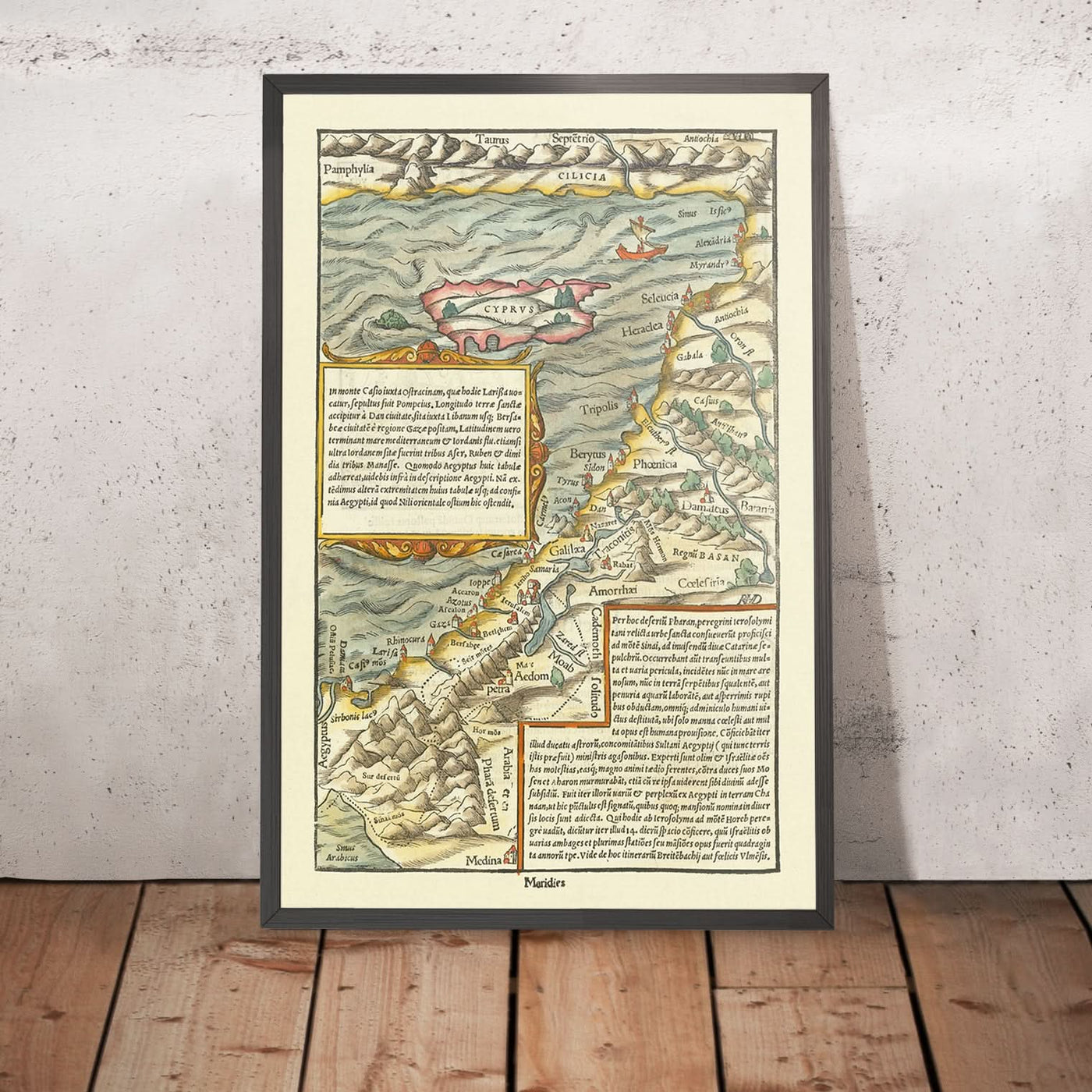 Mapa antiguo de Chipre y Tierra Santa de Münster, 1554: Jerusalén, Monte Sinaí, Medina, barcos de vela, Montes Tauro.