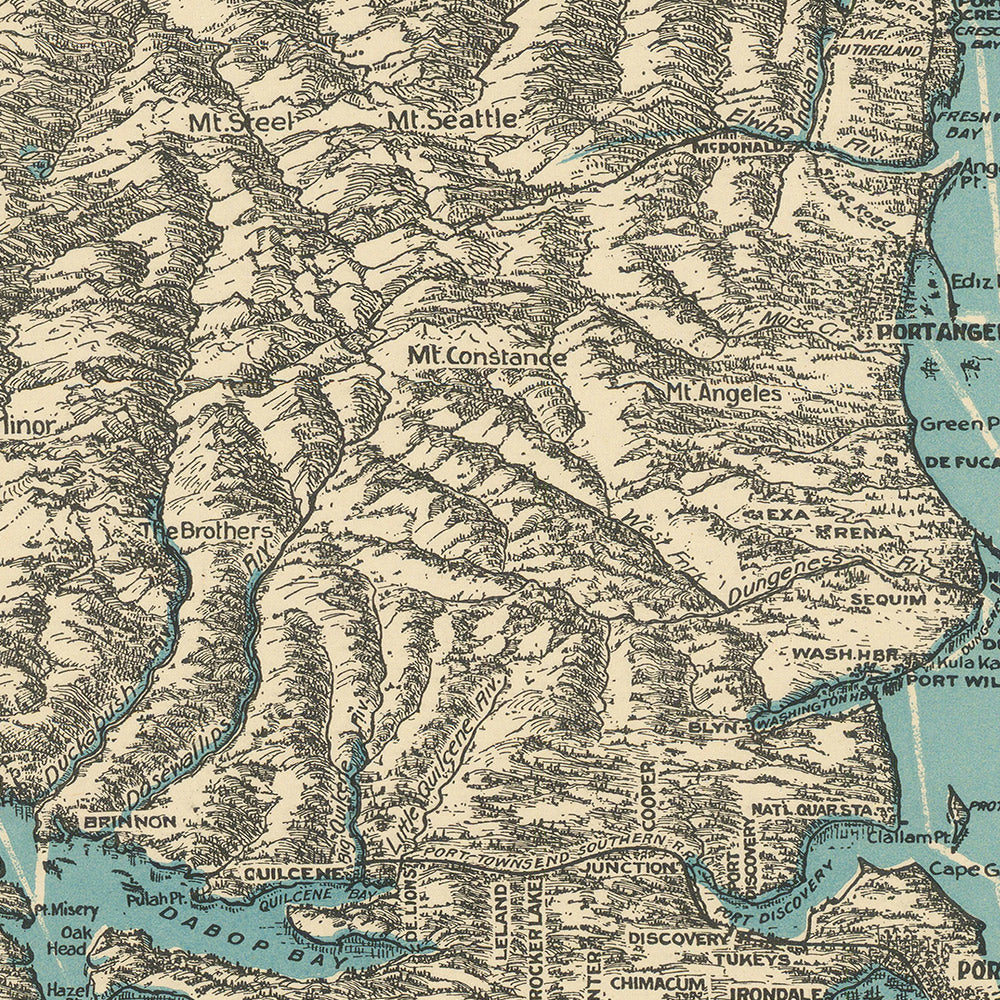 Old Birdseye Map of Puget Sound Region, 1927: Seattle, Tacoma, Olympic Peninsula, San Juan Islands, Mount Rainier