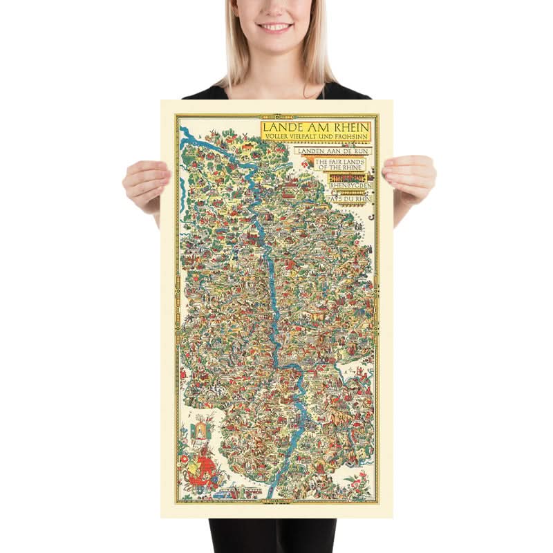 Vecchia mappa pittorica della Germania di Faller, 1950: Bacino del fiume Reno, Castelli, Colonia, Düsseldorf 