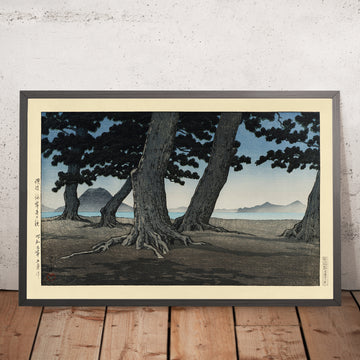A framed image of Kaiganji Beach in Sanuki District by Hasui Kawase, 1935