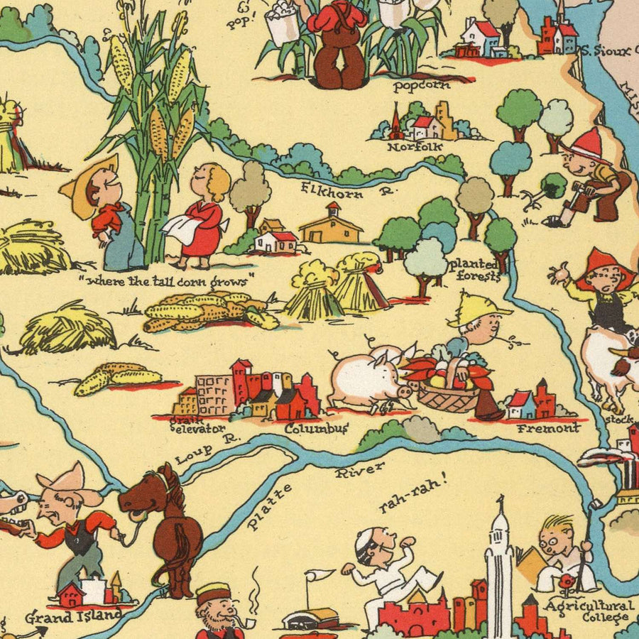 Mappa Pittorica del Nebraska di Ruth Taylor White, 1935: Omaha, Lincoln, Fiume Platte, Sandhills, Ferrovie 