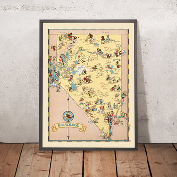 Mappa Pittorica del Nevada di Ruth Taylor White, 1935: Las Vegas, Reno, Carson City, Miniere, Ferrovie 