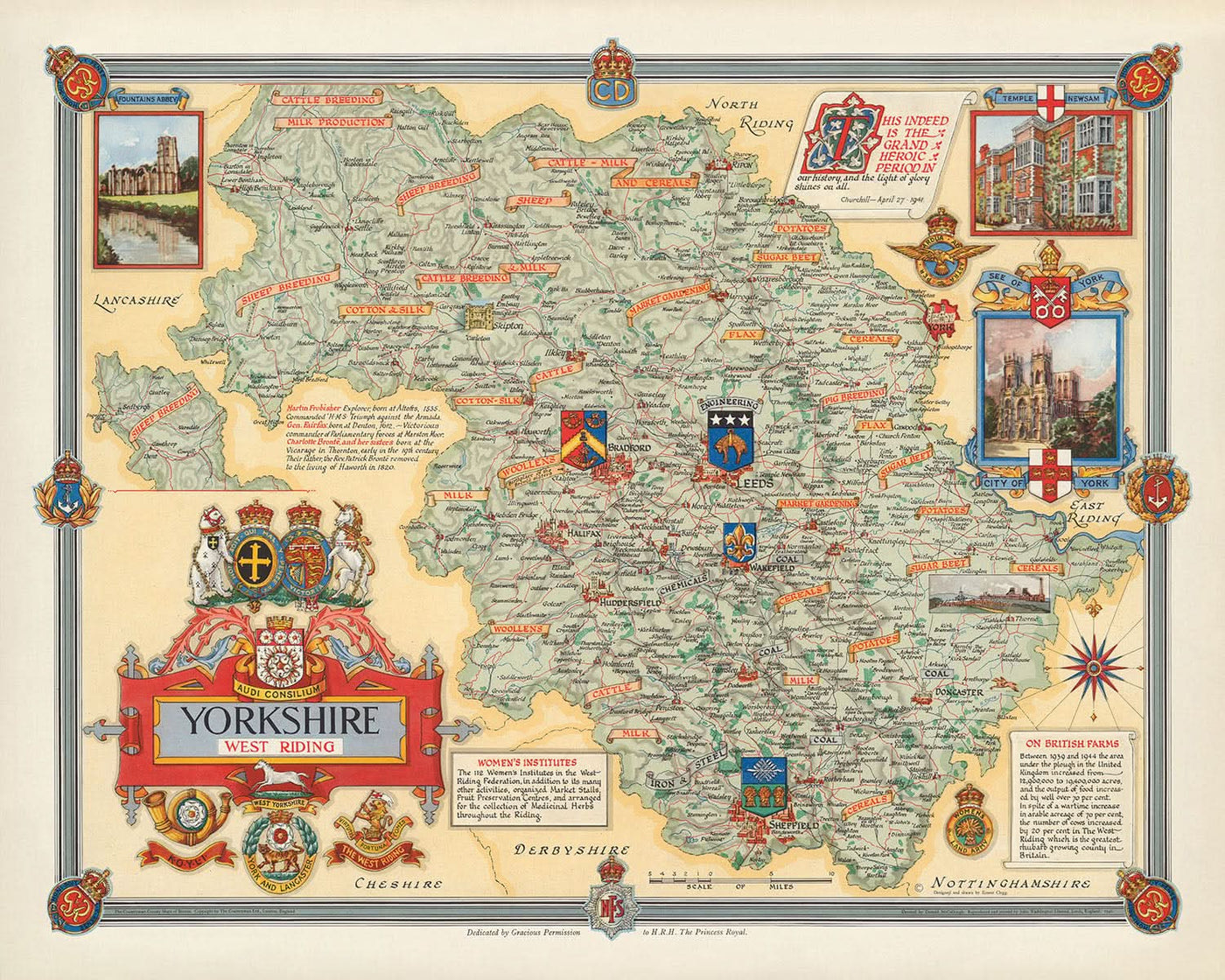 Mapa ilustrado antiguo de West Riding of Yorkshire, realizado por Clegg en 1946: Leeds, Bradford, ríos, citas de Churchill, escudos de armas