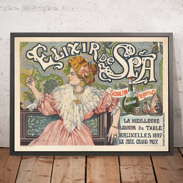 A framed image of Elixir de Spa Vintage Liqueur Poster by Léon Belloguet, 1898