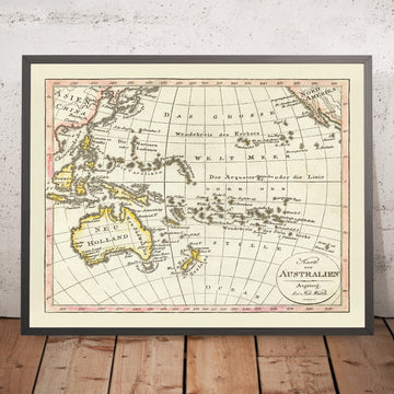 Antiguo mapa del Pacífico Rim de Walch, 1817: Australia, primeras líneas costeras, exploración europea 