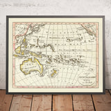 Ancienne carte du Rim Pacifique par Walch, 1817 : Australie, premières côtes, exploration européenne 