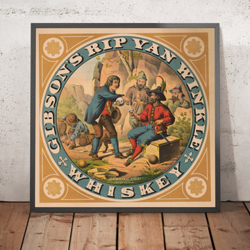 A framed image of Gibson’s Rip Van Winkle Vintage Whiskey Poster, 1882
