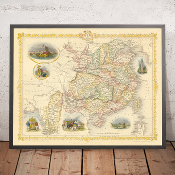 Old Map of China and Burma by Tallis, 1851: Taiwan, Myanmar, Hong Kong, Great Wall, Canton, Yangtze, Lhasa