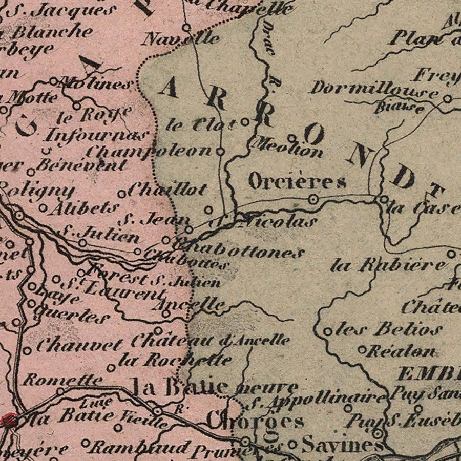 Antica mappa delle Hautes-Alpes di Vuillemin, 1869: Gap, Briançon, Embrun, cime alpine, stemmi 