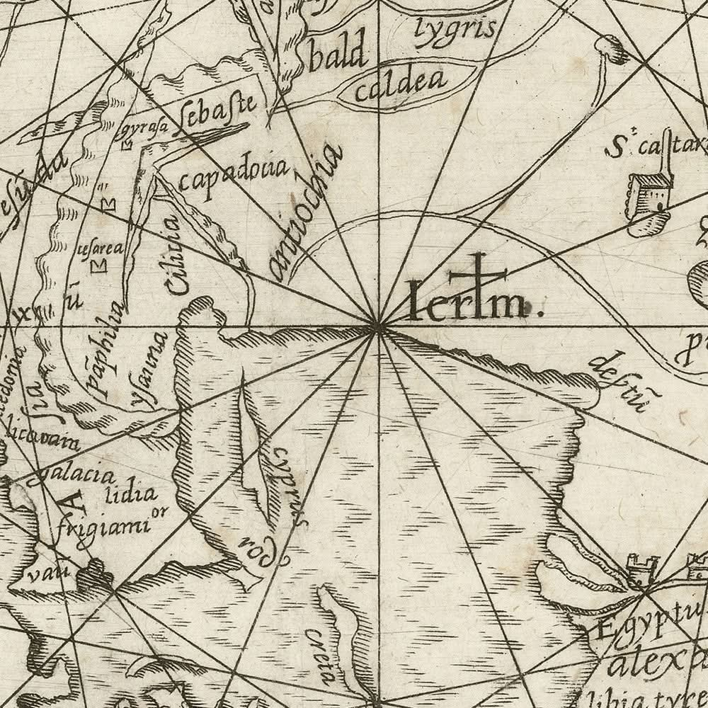 Carte du monde antique de Jérusalem par Vesconte, 1611 : Mappa Mundi médiévale, style portulan, rose des vents