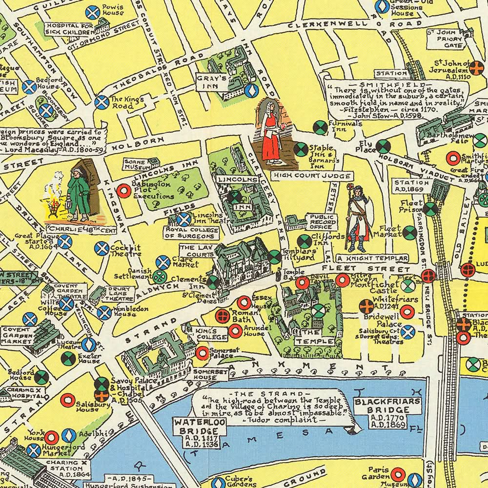 Old Pictorial Map of London by Bullock, 1965: Coats of Arms, Landmarks, Westminster, City