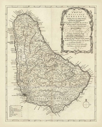 Ancienne carte de la Barbade par Jefferys, 1750 : paroisses, sucreries, églises, rivières, forts