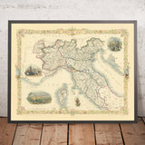 Alte Karte von Norditalien von Tallis, 1851: Venedig, Alpen, Petersdom, Gardasee 
