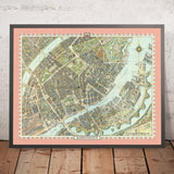 Antica mappa a volo d'uccello di Copenaghen di Bollmann, 1972: Nyhavn, Tivoli, Amalienborg, Rosenborg, la Sirenetta 