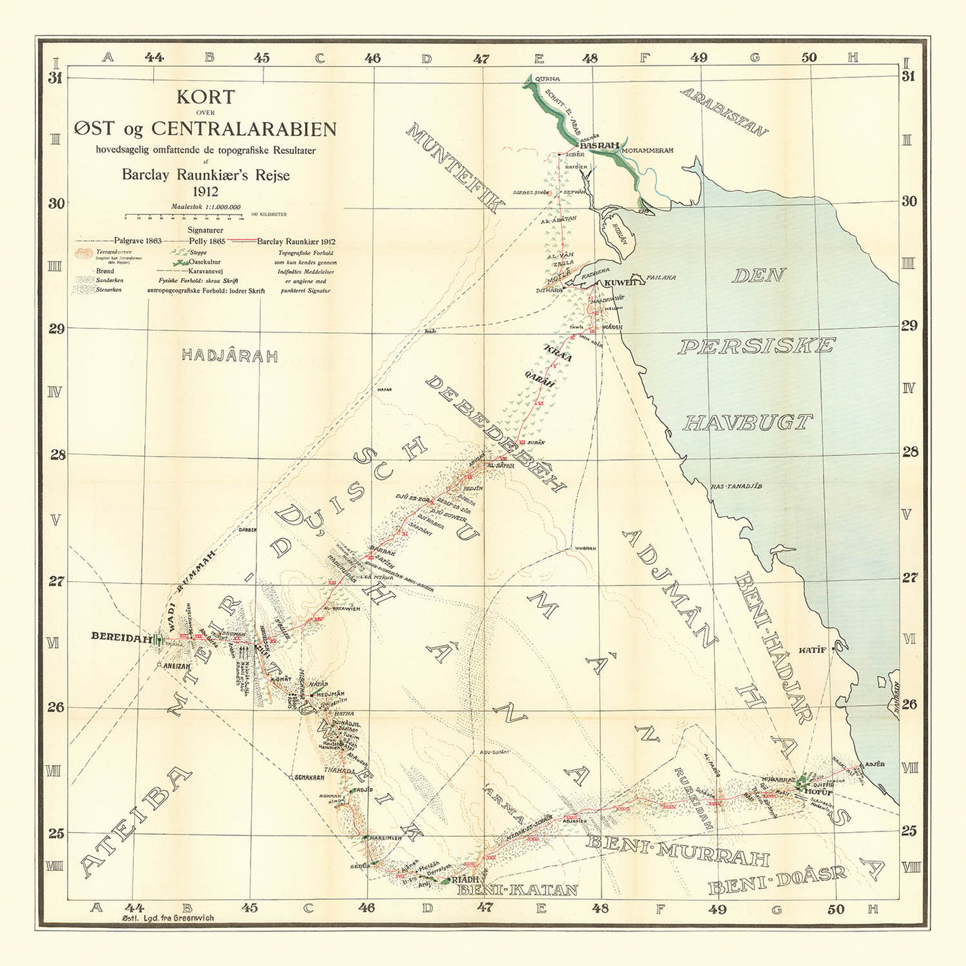 German Traveler’s Map of Arabia by Raunkiaer, 1912: Riyadh, Kuwait, Persian Gulf, Caravan Routes, Deserts