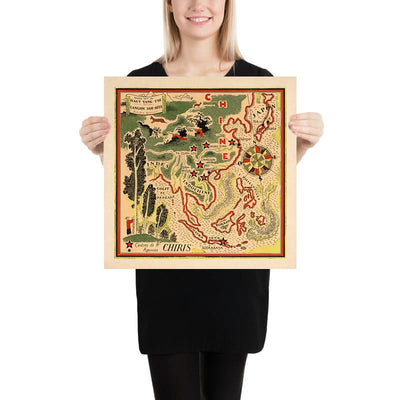 Mapa pictórico antiguo de China de Mazuyer, 1931: Shanghái, dragones, rosa de los vientos, golfo de Bengala, Indochina