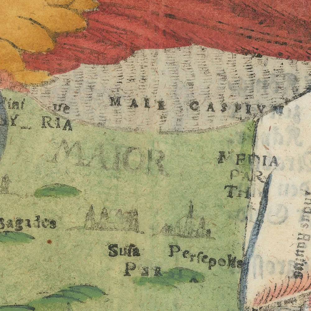 Mapa antiguo de Asia representado por Pegaso, de Bunting, 1616: diseño mítico, temas simbólicos, precisión geográfica