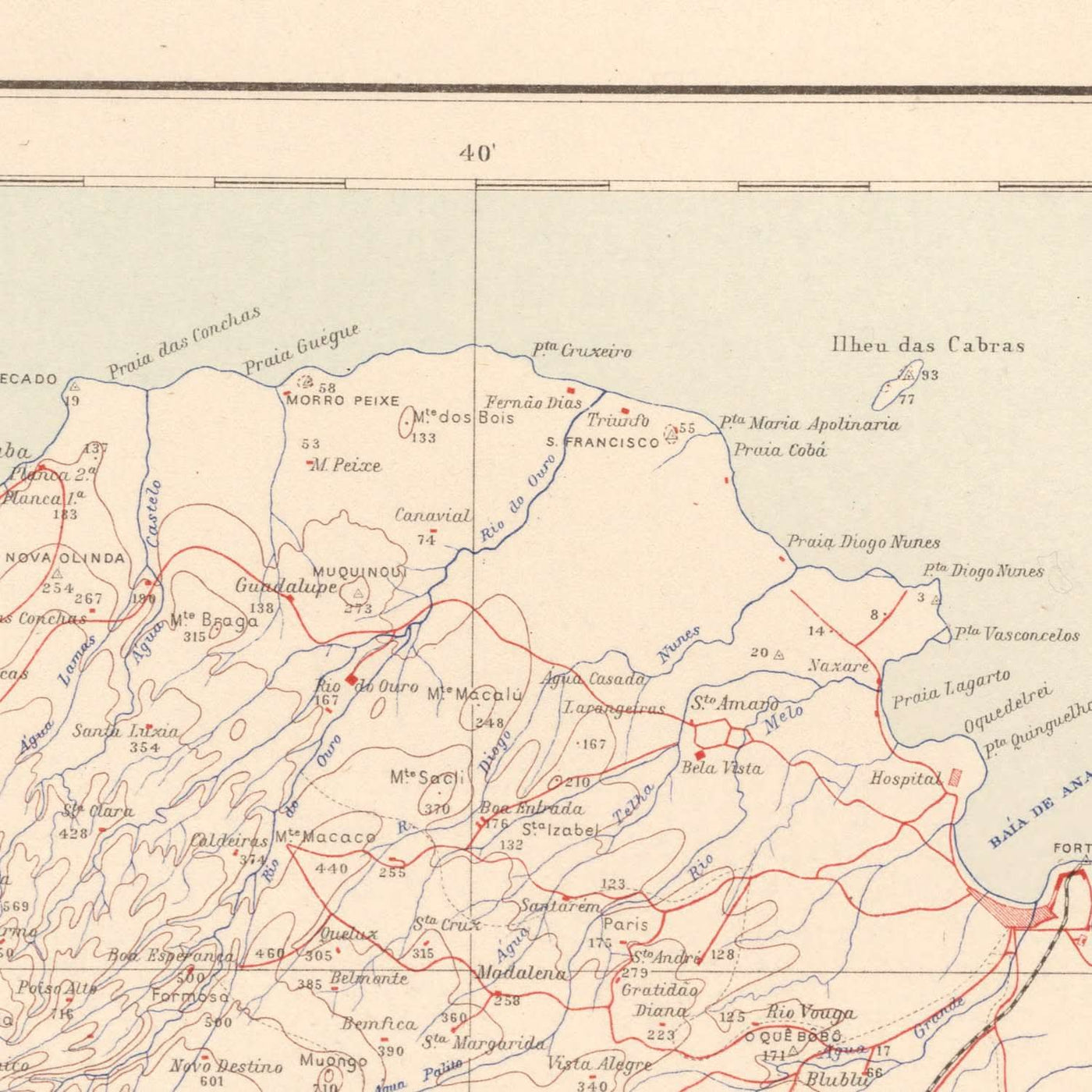 Alte Karte von São Tomé, 1945: São Tomé, Neves, Trindade, Flüsse, Berge