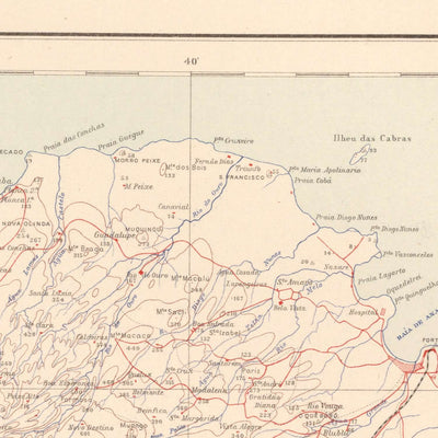 Alte Karte von São Tomé, 1945: São Tomé, Neves, Trindade, Flüsse, Berge 