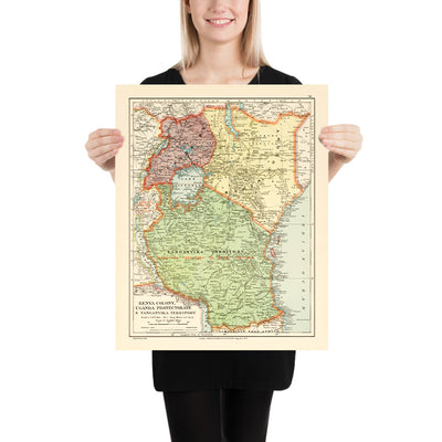 Old Colonial Map of Kenya, Uganda, Rwanda & Tanzania by Edward Stanford, 1926: Nairobi, Kampala, Lake Victoria, Kilimanjaro, Uganda Railway