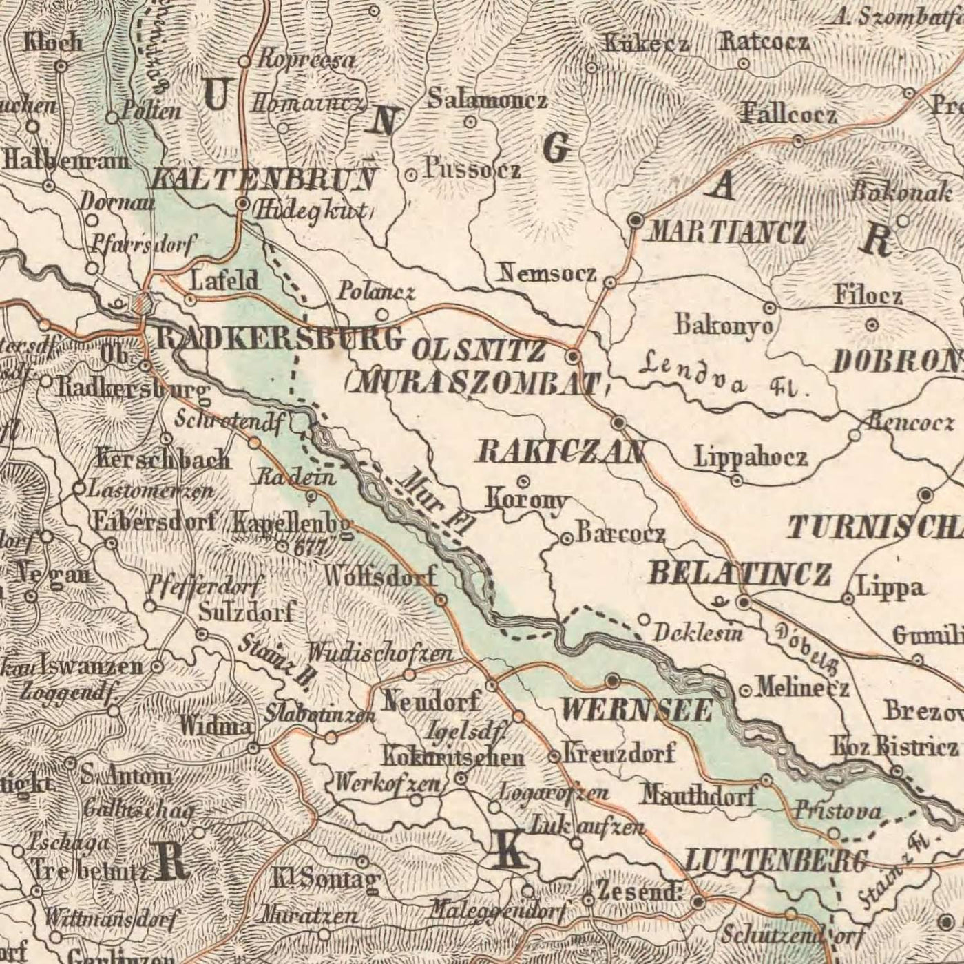 Mapa antiguo de los Alpes orientales y julianos de Mayr, 1874: Trieste, mar Adriático, montañas alpinas, ferrocarriles, Hachures