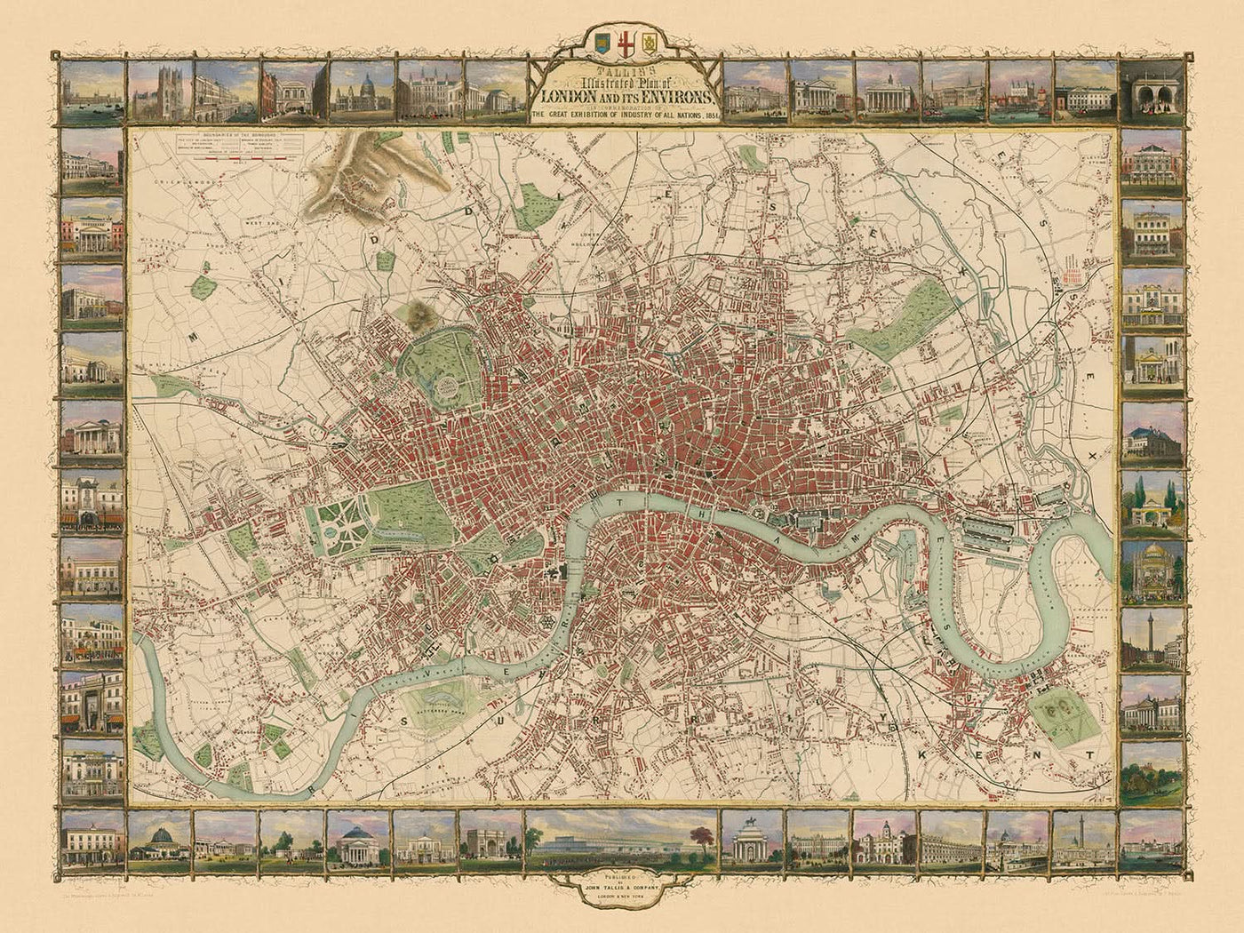 Ancienne carte illustrée de Londres par Tallis, 1851 : Tamise, Hyde Park, Regent's Park, Westminster, Oxford Street