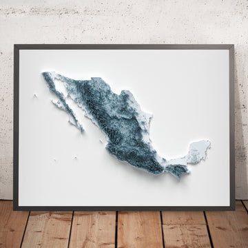 Ein gerahmtes Bild einer topografischen Reliefkarte von Mexiko im 3D-Stil