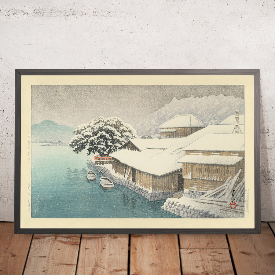 A framed image of Evening Snow at Ishinomaki by Hasui Kawase, 1935