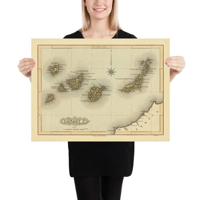 Old Rare Map of Canary Islands by Lucas, 1823: Tenerife, Gran Canaria, Compass Rose, Mountains, Atlantic