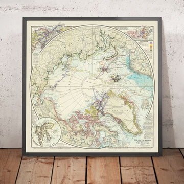 Old Map of North Pole Exploration, 1910: Peary&