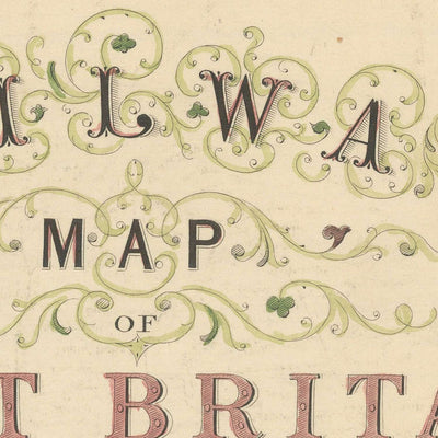 Old Railway Map of Great Britain by Tallis, 1850: London, Liverpool, Manchester, Steamboat Routes, Ornate Borders