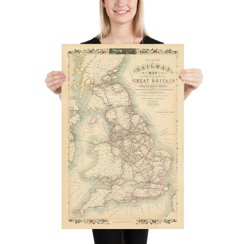 Old Railway Map of Great Britain by Tallis, 1850: London, Liverpool, Manchester, Steamboat Routes, Ornate Borders