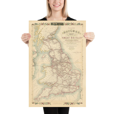 Old Railway Map of Great Britain by Tallis, 1850: London, Liverpool, Manchester, Steamboat Routes, Ornate Borders