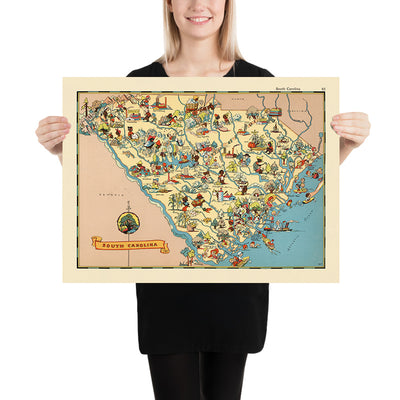 Pictorial Map of South Carolina by Ruth Taylor White, 1935: Columbia, Charleston, Greenville, Atlantic Coast, County Borders