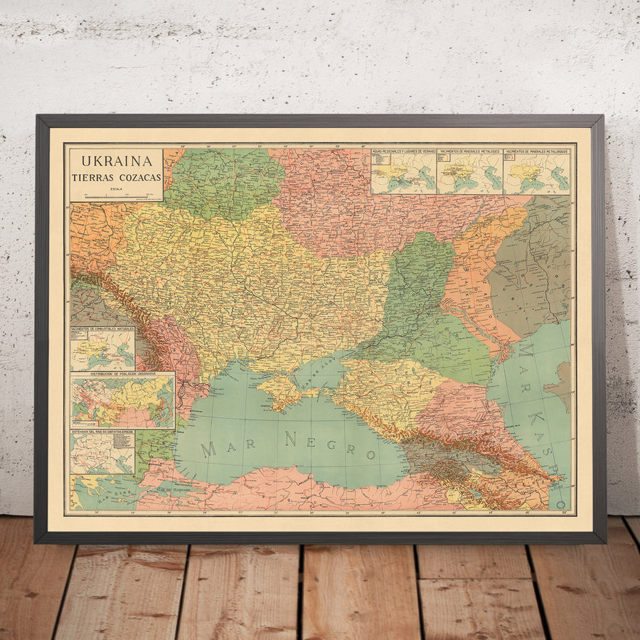 Old Map of Ukraine "Land of the Cossacks", 1943: Kyiv, Black Sea, Carpathians