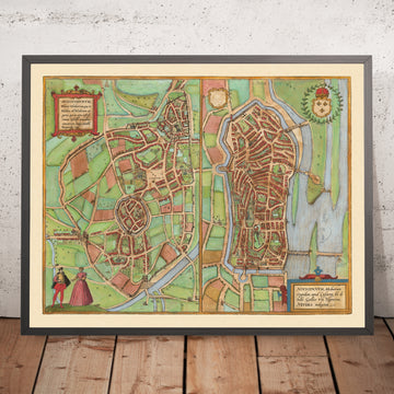 Old Map of Autun & Nevers by Braun & Hogenberg, 1581: City Walls, Cathedrals, Ducal Palace, Loire & Arroux Rivers, Bridges