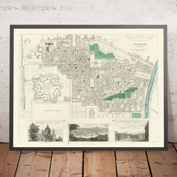 Old Map of Turin, Italy, 1833: Piazza Castello, Palazzo Reale, Cittadella, Via Po, La Superga