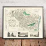 Old Map of Turin, Italy, 1833: Piazza Castello, Palazzo Reale, Cittadella, Via Po, La Superga