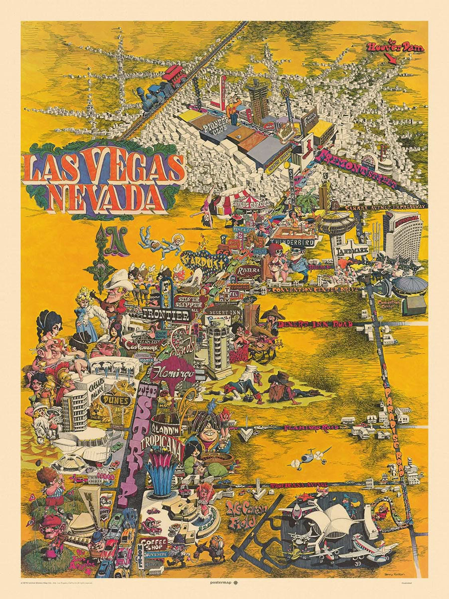 Vecchia mappa pittorica di Las Vegas di Hinton, 1970: The Strip, Caesars Palace, Circus Circus, Fremont St, Centro Congressi 