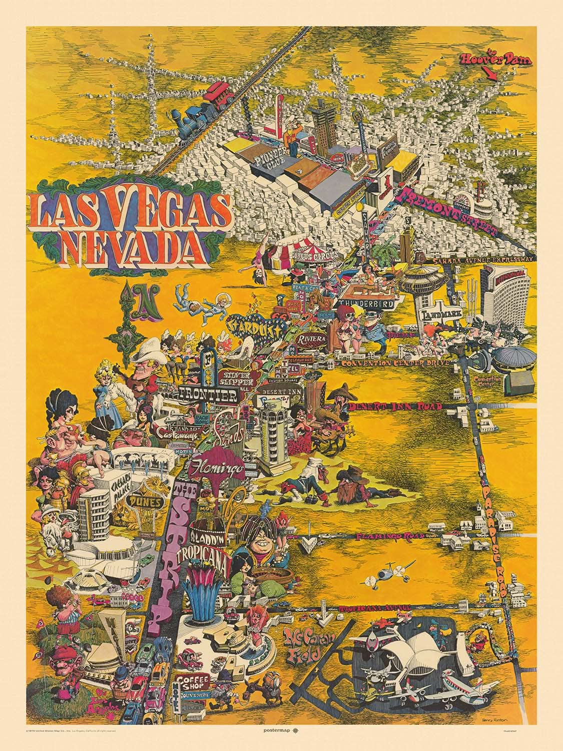 Alter bildlicher Stadtplan von Las Vegas von Hinton, 1970: Der Strip, Caesars Palace, Circus Circus, Fremont St, Kongresszentrum 