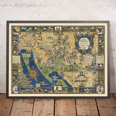 Mapa ilustrado antiguo de Washington DC realizado por Olsen, 1926: Casa Blanca, Capitolio, Monumento a Lincoln, Georgetown, The Mall