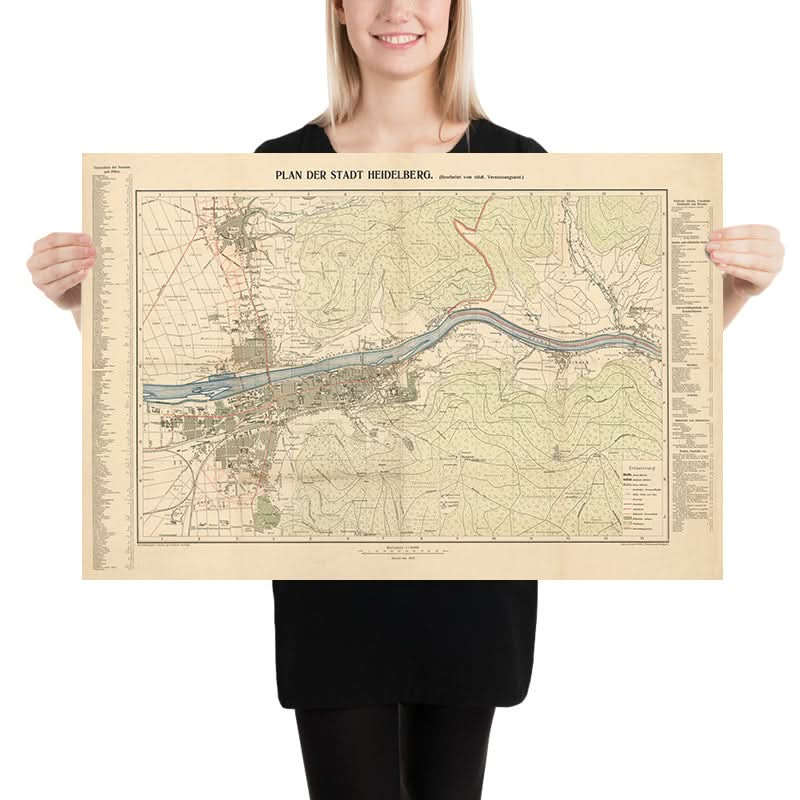 Alter Stadtplan von Heidelberg von Rübsamen, 1907: Schloss, Neckar, Neuenheim, Bergheim, Philosophenweg